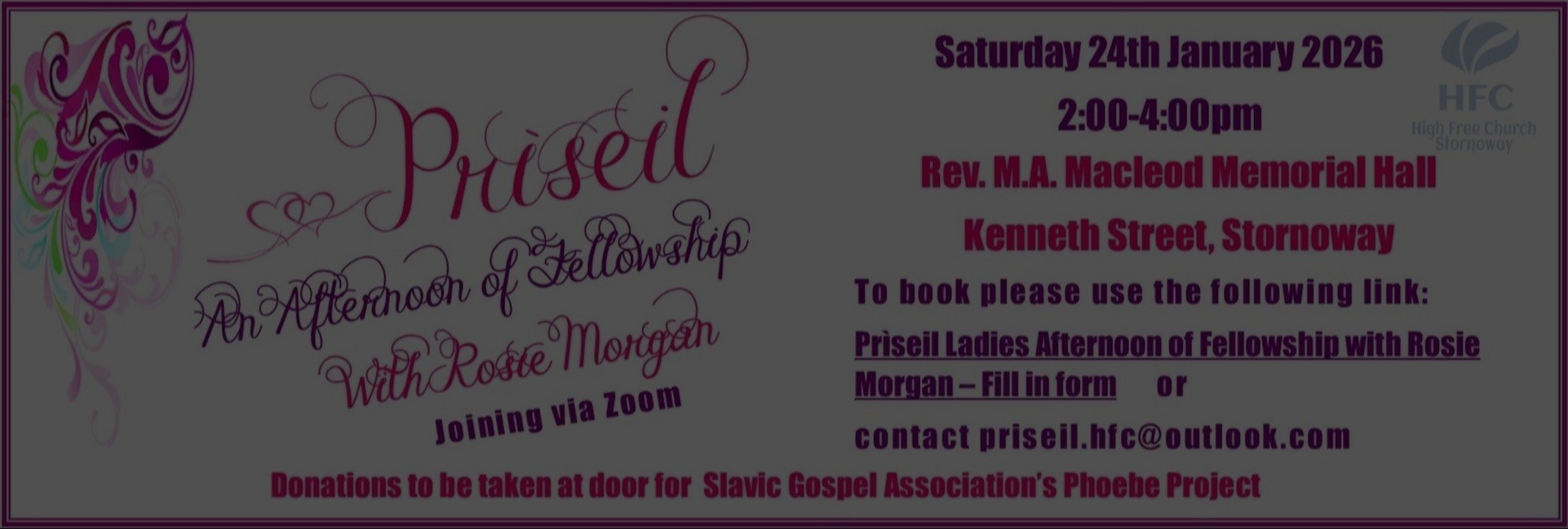 Prìseil Afternoon of Fellowship*Ladies' fellowship with Rosie Morgan*Find out more